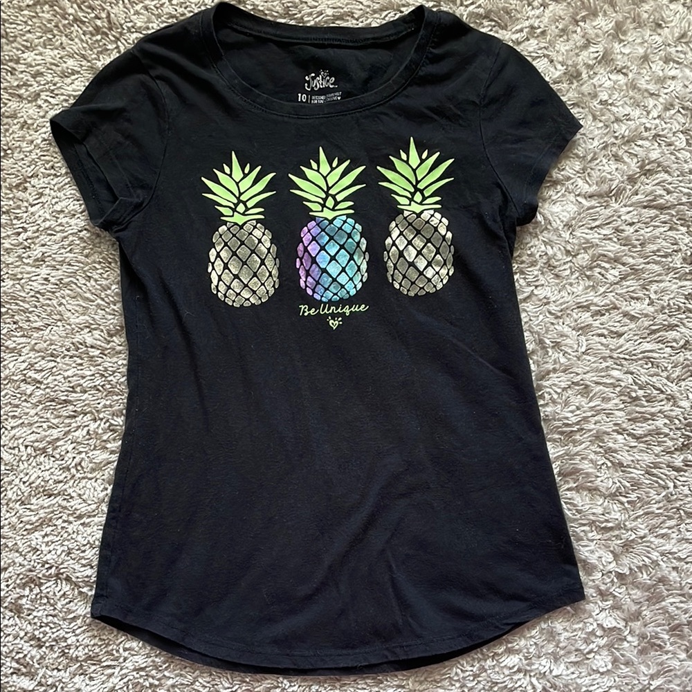 👶🏻5/$10👶🏻 Girls Justice Black Fitted Cap Sleeve Tee with Pineapple Design